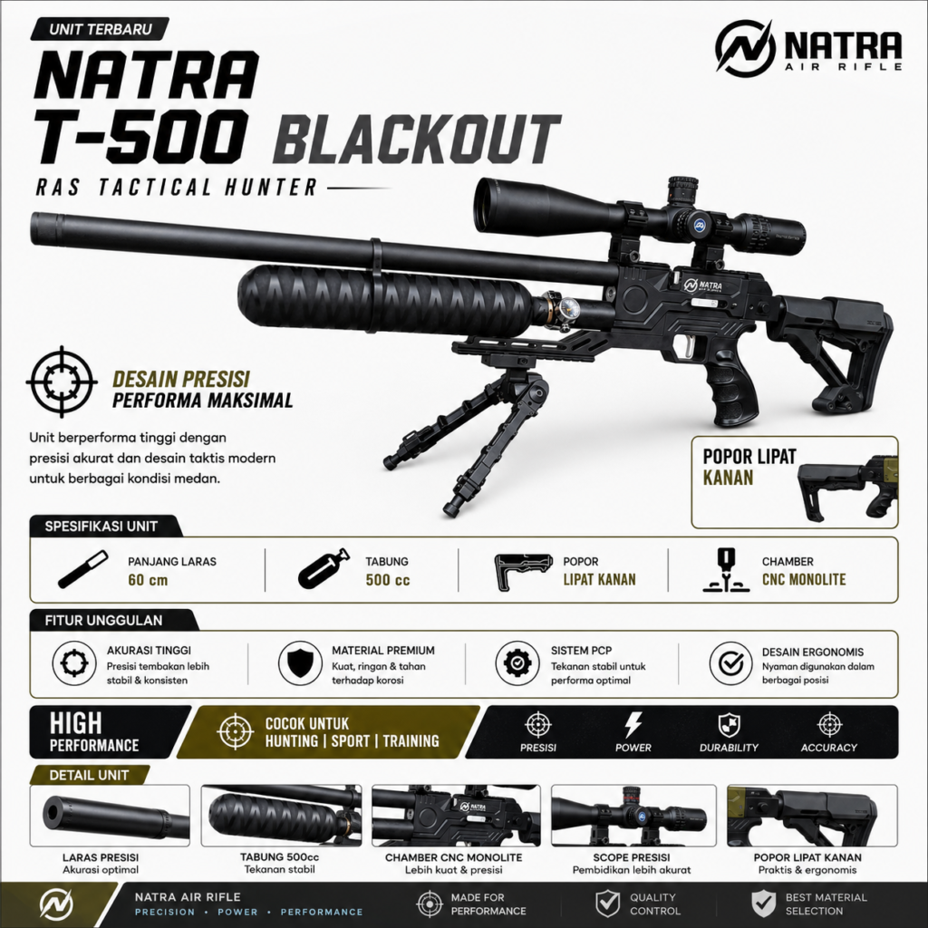 Senapan Angin PCP NATRA T-500 BLACKOUT RAS Tactical Hunter 500cc